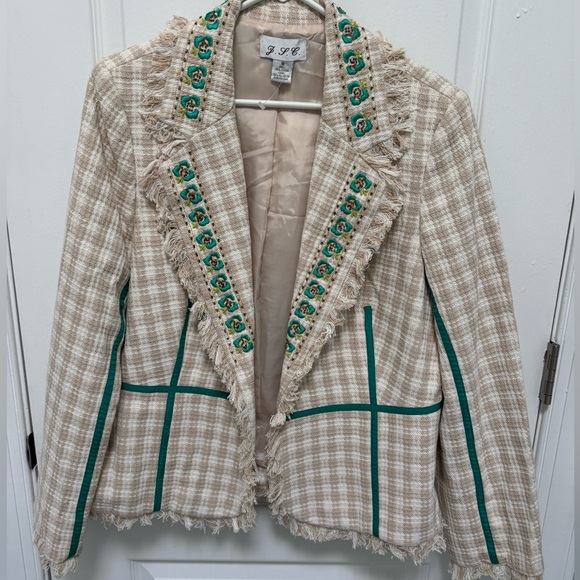 J. L. C. Jackets & Blazers - Beige Plaid Blazer with Fringe and Green Embroidery Accents,Size 16, Lined, NWT